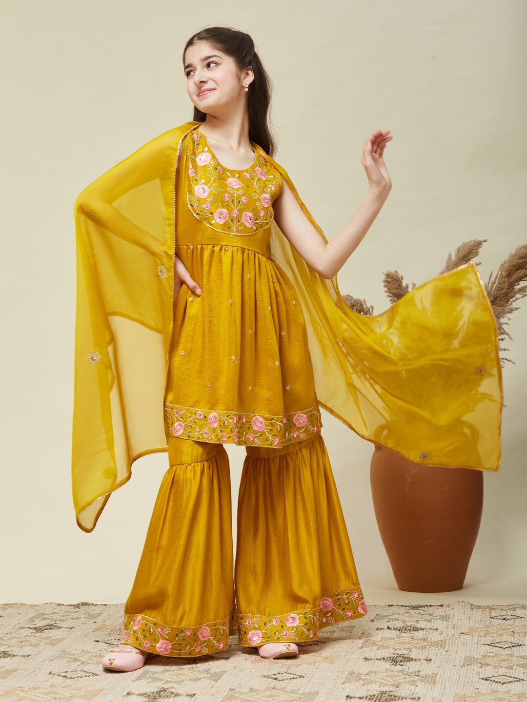 Girl's Mustard Silk Embroidered Sharara Set With Dupatta