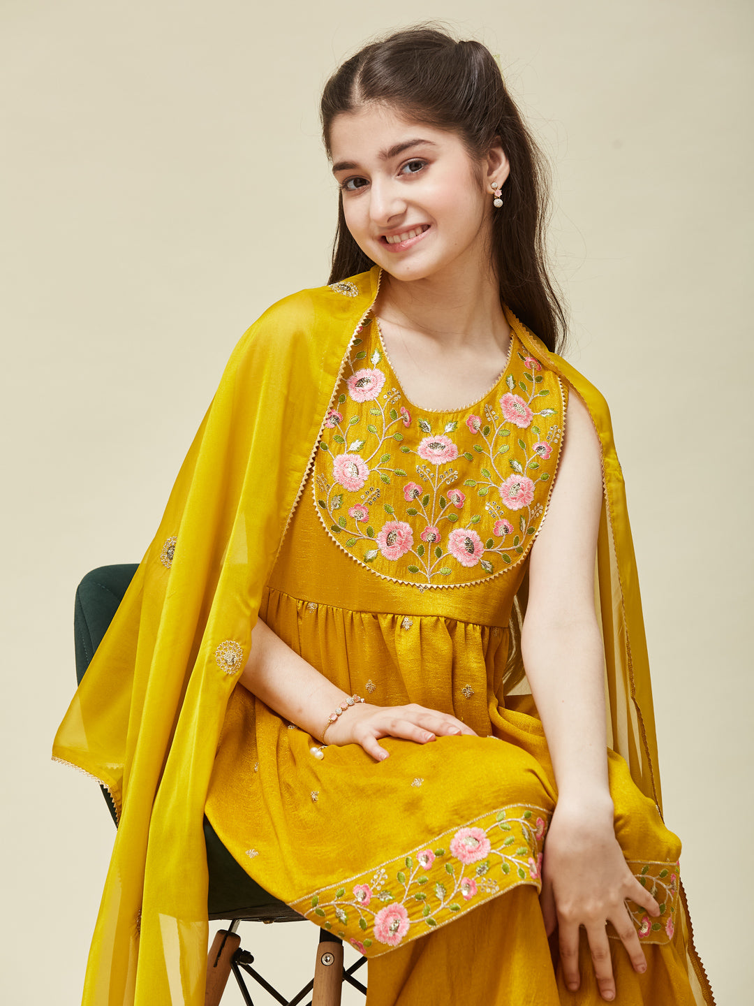 Girl's Mustard Silk Embroidered Sharara Set With Dupatta