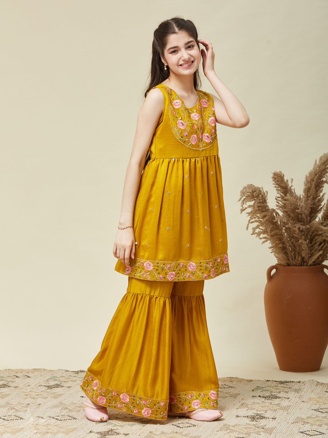 Girl's Mustard Silk Embroidered Sharara Set With Dupatta