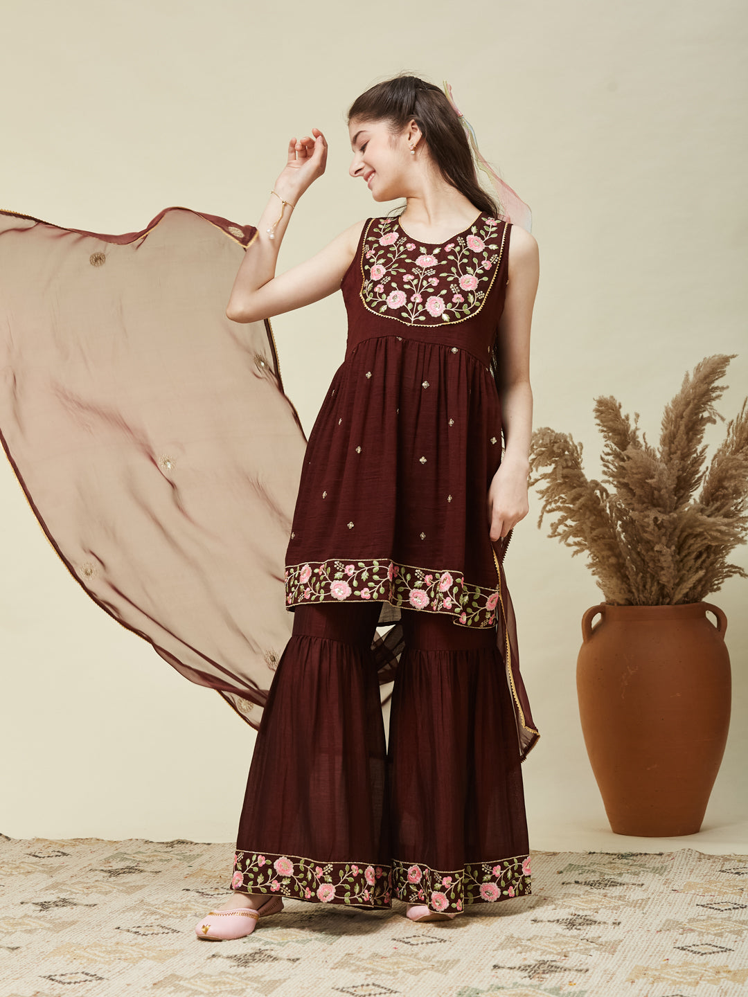 Girl's Coffee Silk Embroidered Sharara Set With Dupatta