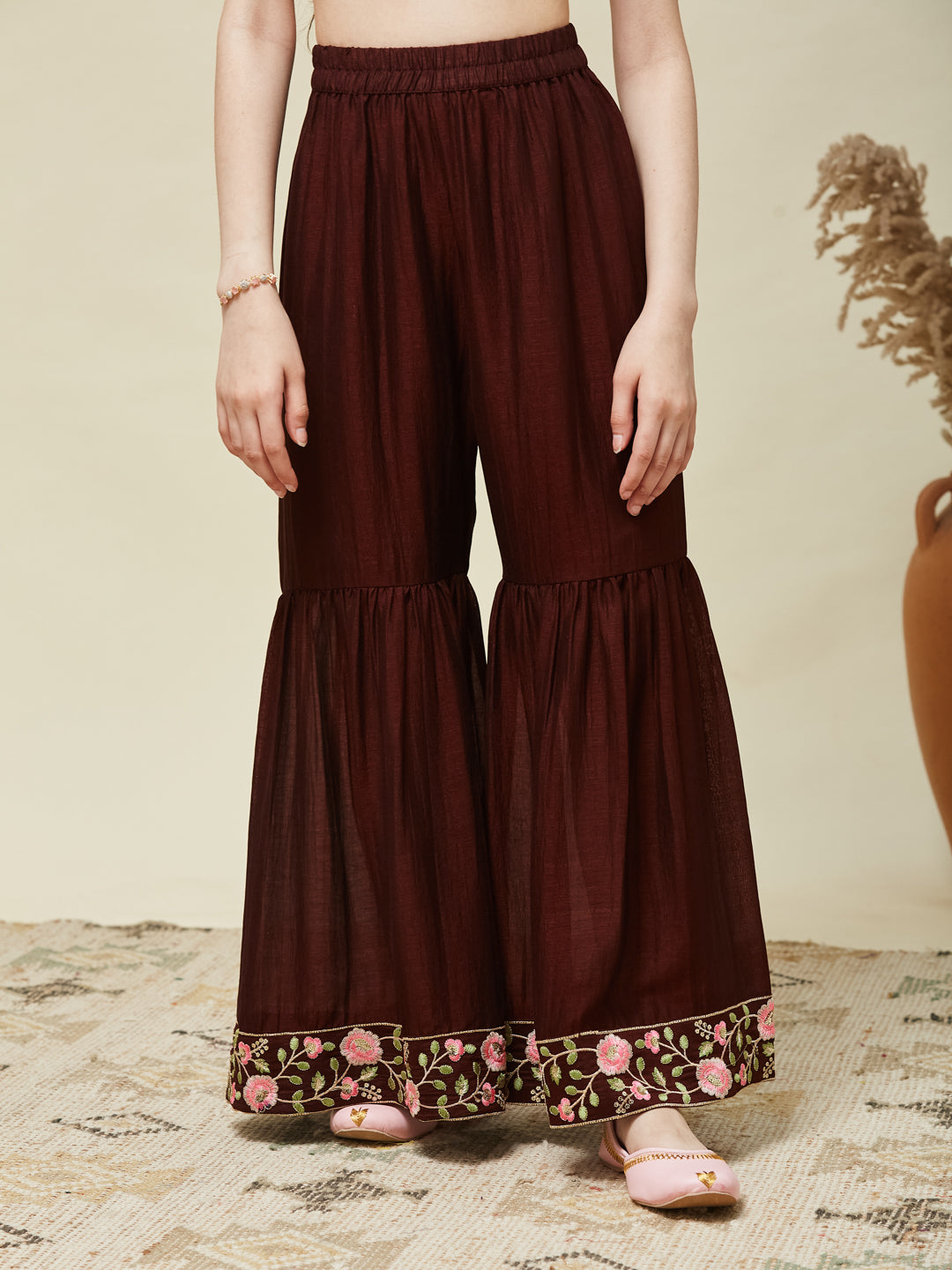 Girl's Coffee Silk Embroidered Sharara Set With Dupatta