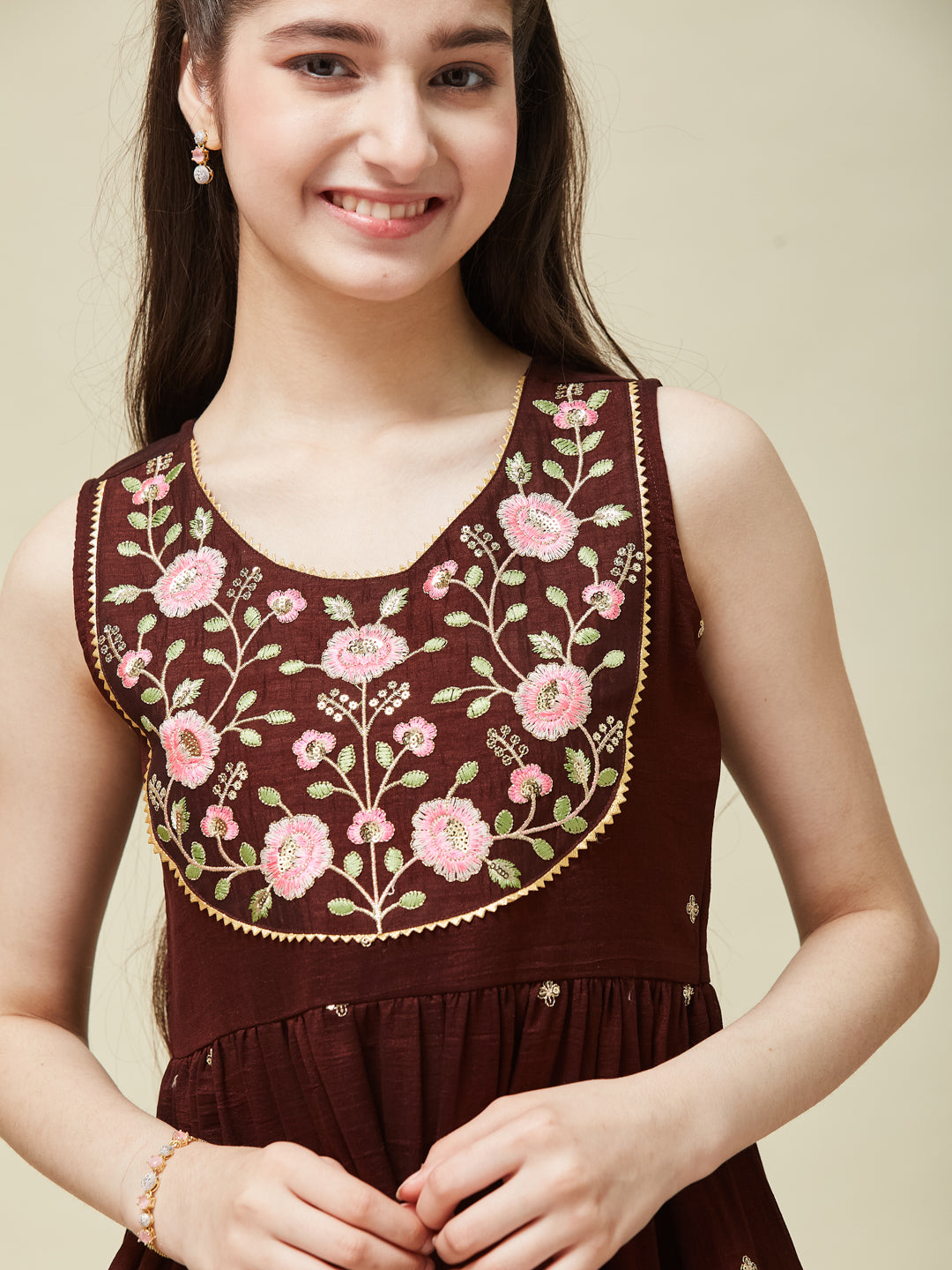 Girl's Coffee Silk Embroidered Sharara Set With Dupatta