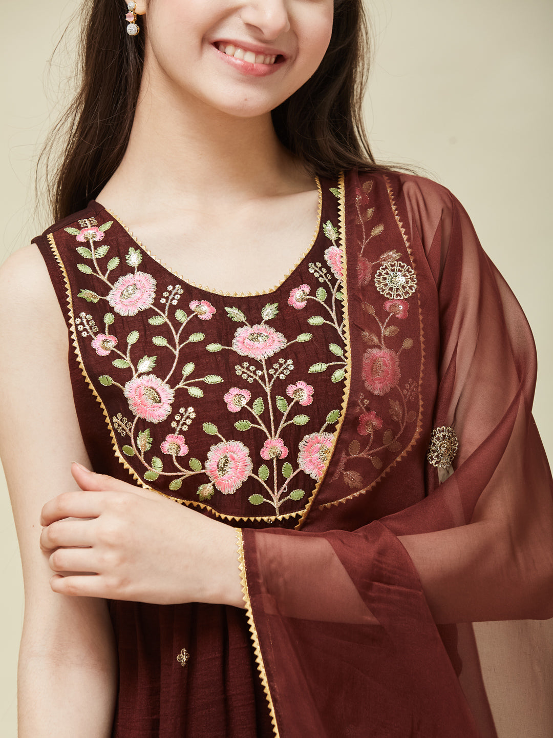 Girl's Coffee Silk Embroidered Sharara Set With Dupatta