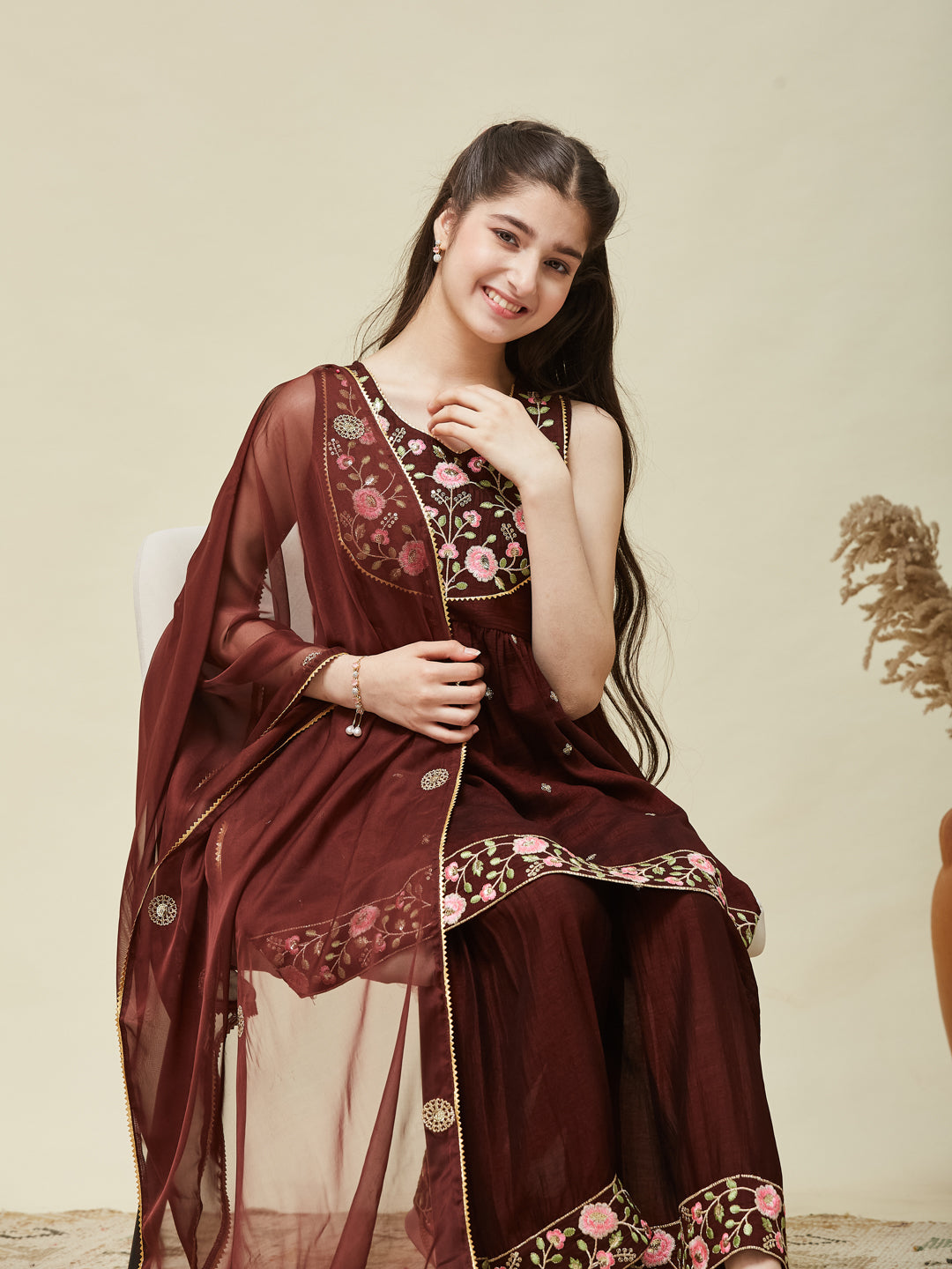 Girl's Coffee Silk Embroidered Sharara Set With Dupatta