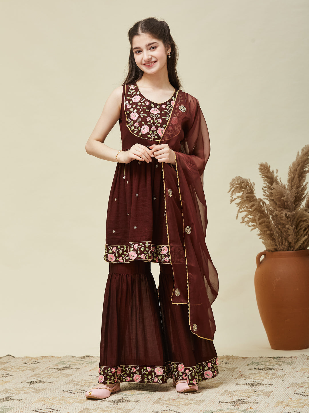 Girl's Coffee Silk Embroidered Sharara Set With Dupatta