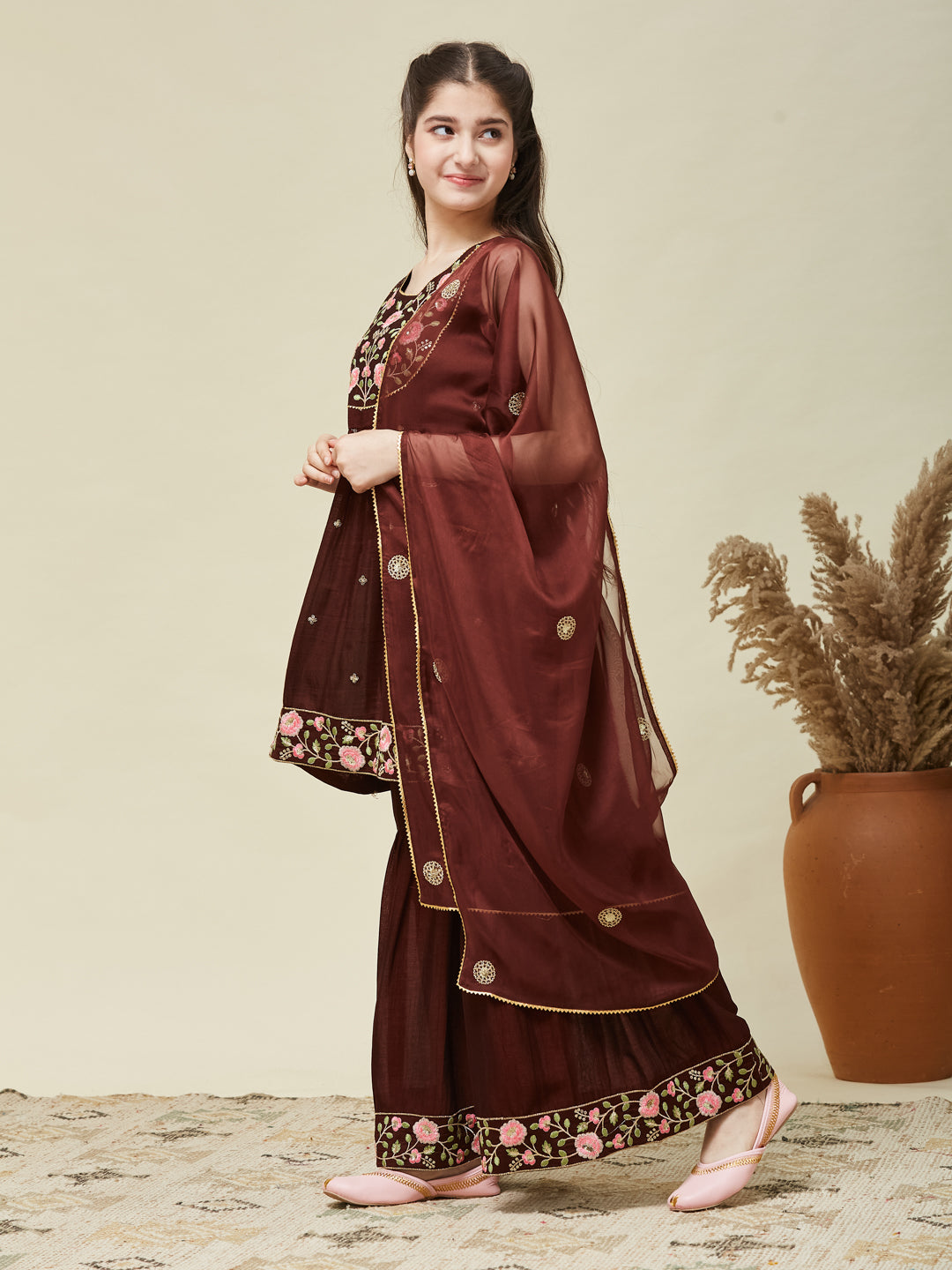 Girl's Coffee Silk Embroidered Sharara Set With Dupatta