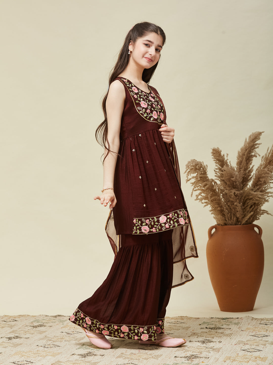 Girl's Coffee Silk Embroidered Sharara Set With Dupatta