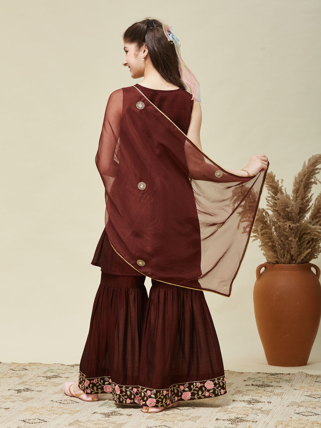 Girl's Coffee Silk Embroidered Sharara Set With Dupatta