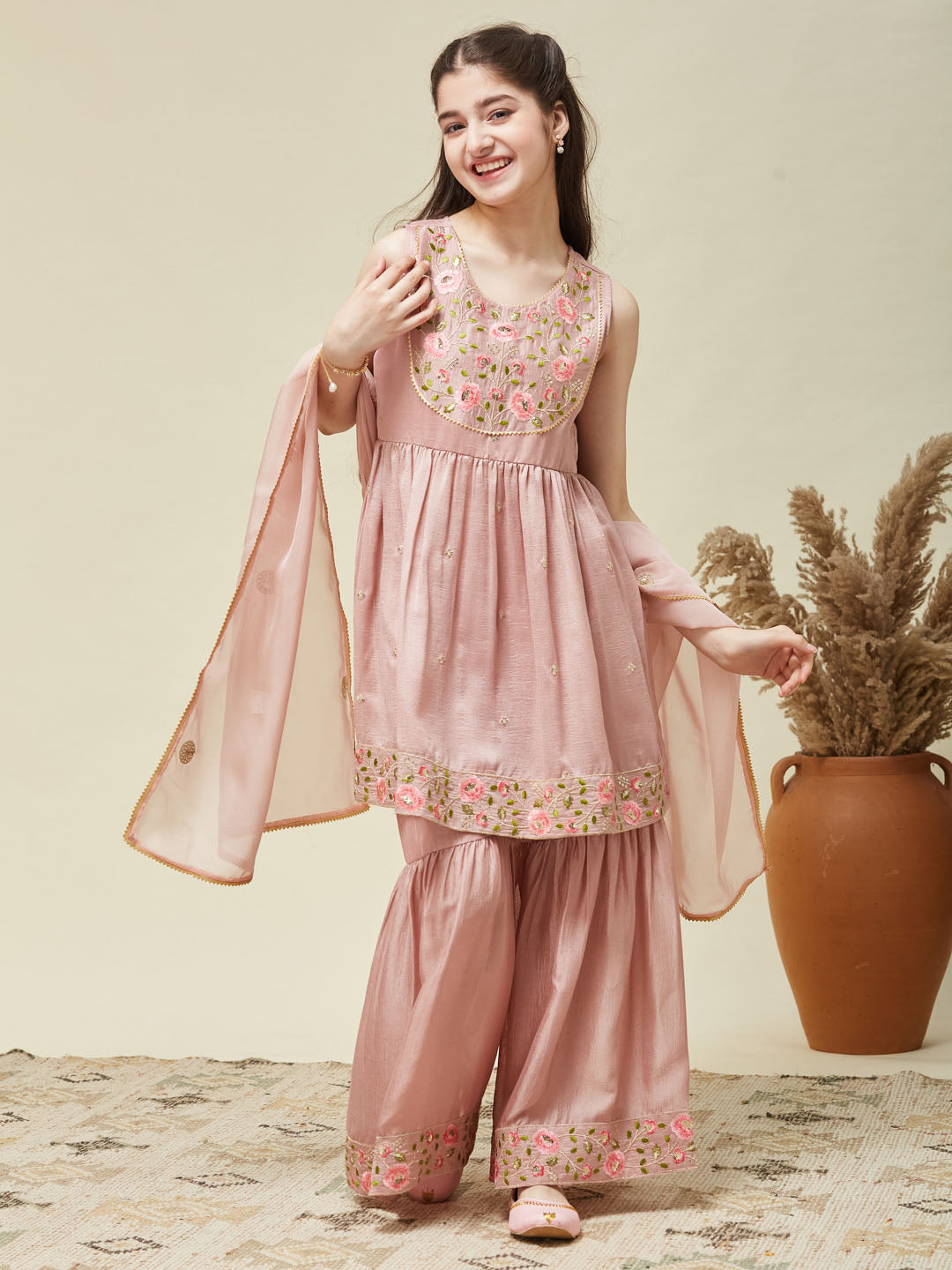 Girl's Pink Silk Embroidered Sharara Set With Dupatta