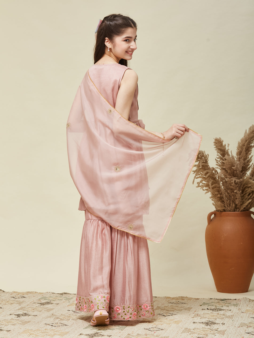 Girl's Pink Silk Embroidered Sharara Set With Dupatta