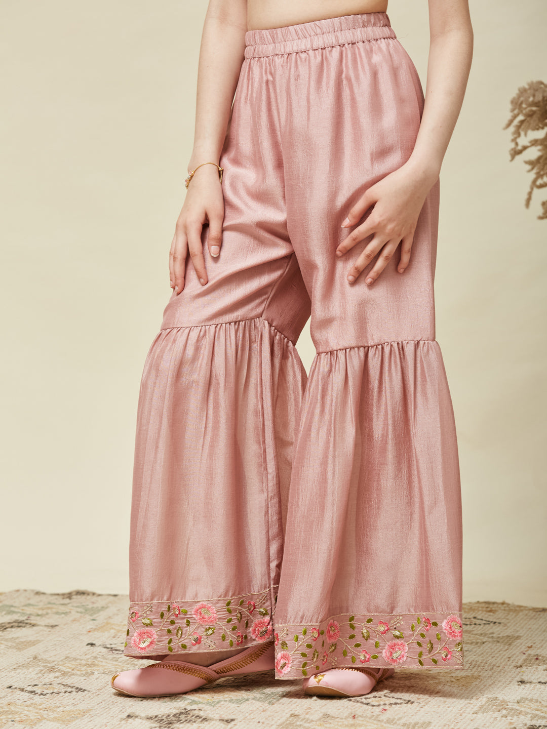 Girl's Pink Silk Embroidered Sharara Set With Dupatta