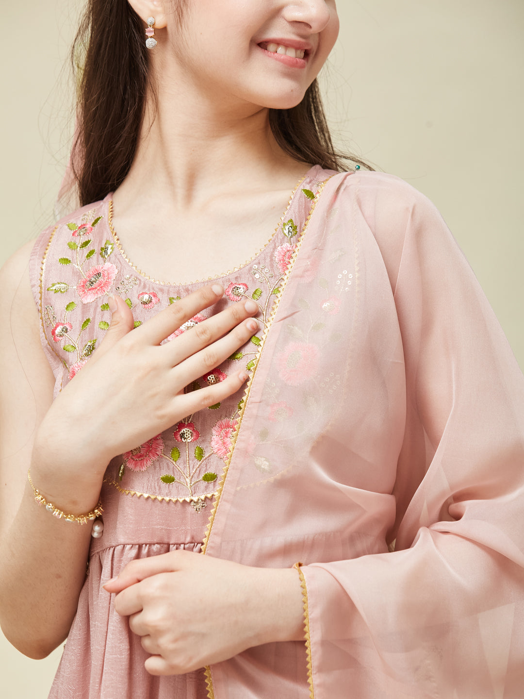 Girl's Pink Silk Embroidered Sharara Set With Dupatta