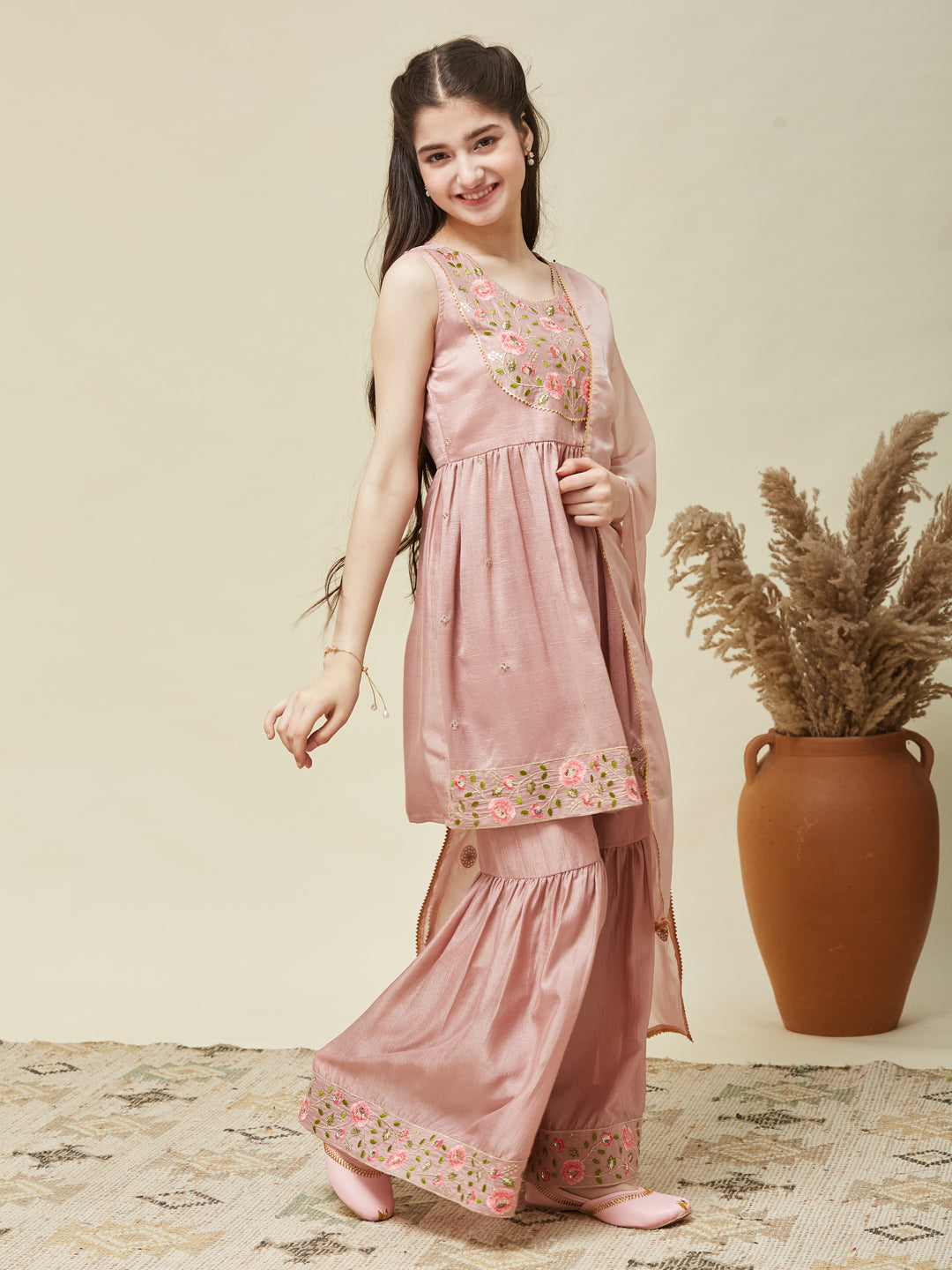 Girl's Pink Silk Embroidered Sharara Set With Dupatta