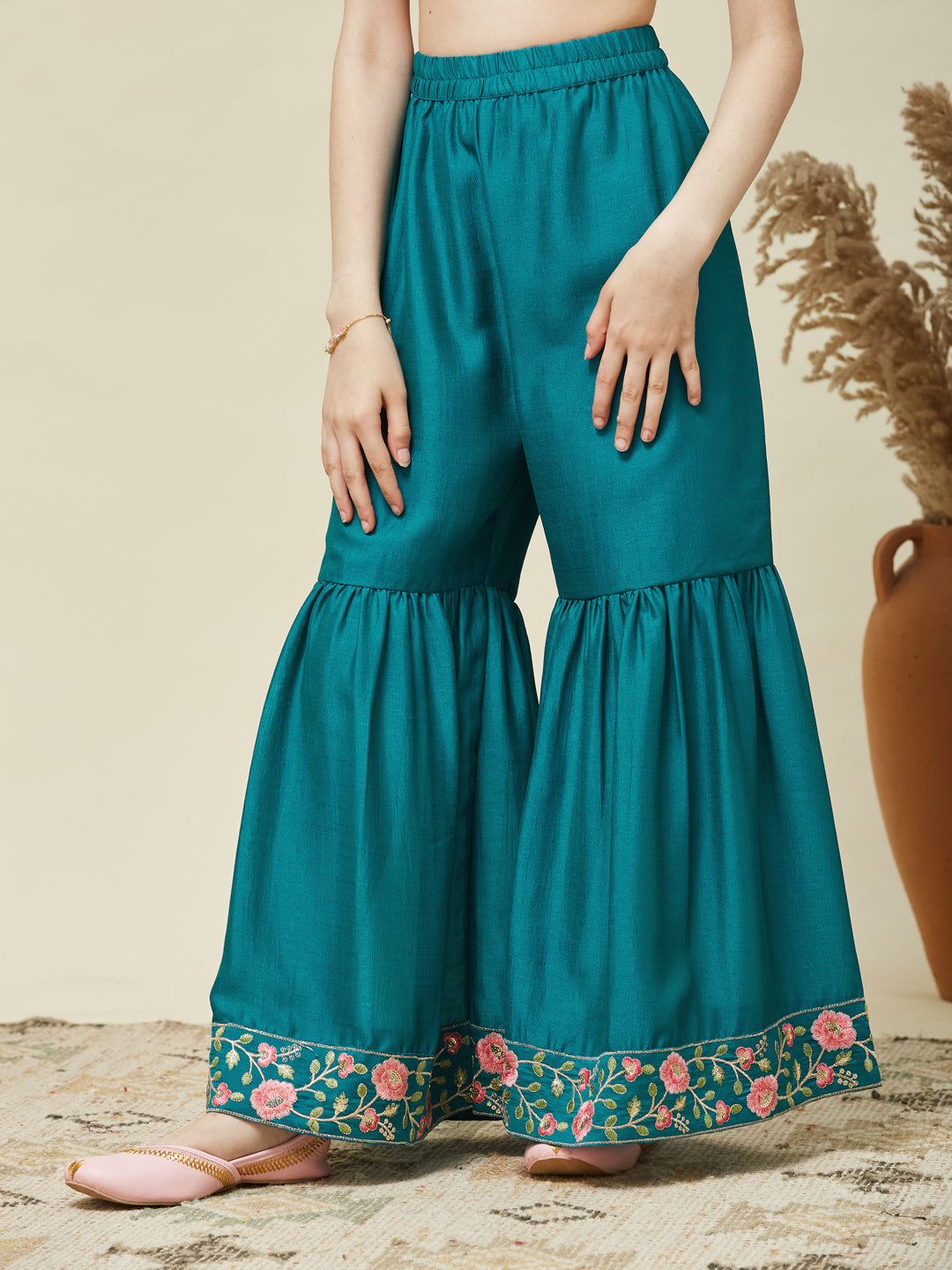 Girl's Rama Silk Embroidered Sharara Set With Dupatta