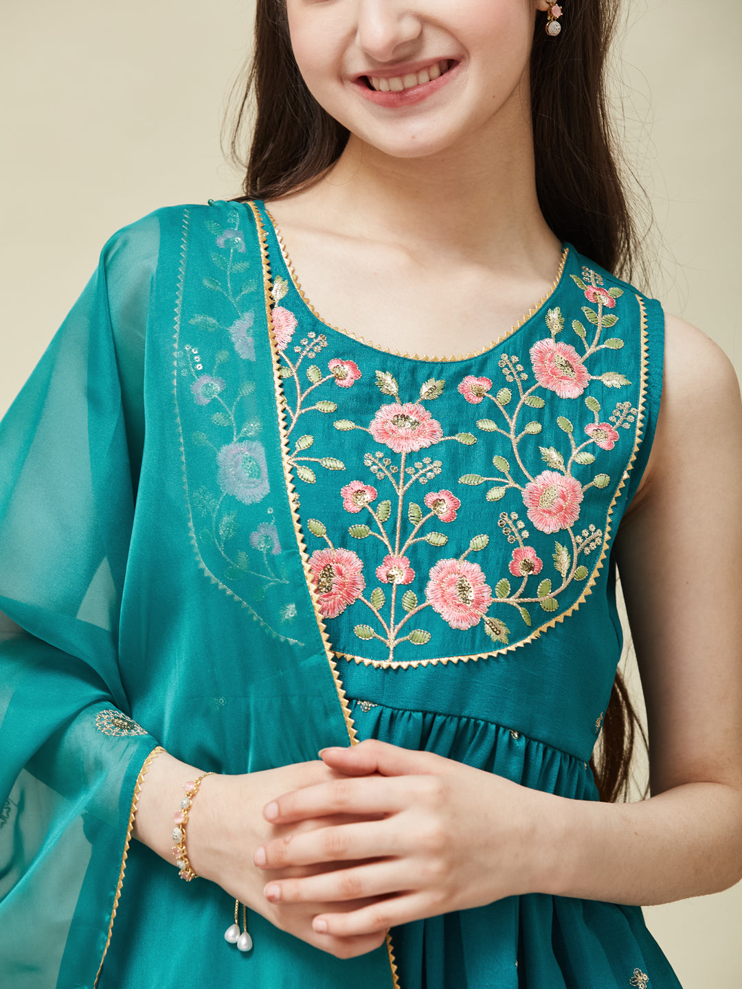 Girl's Rama Silk Embroidered Sharara Set With Dupatta