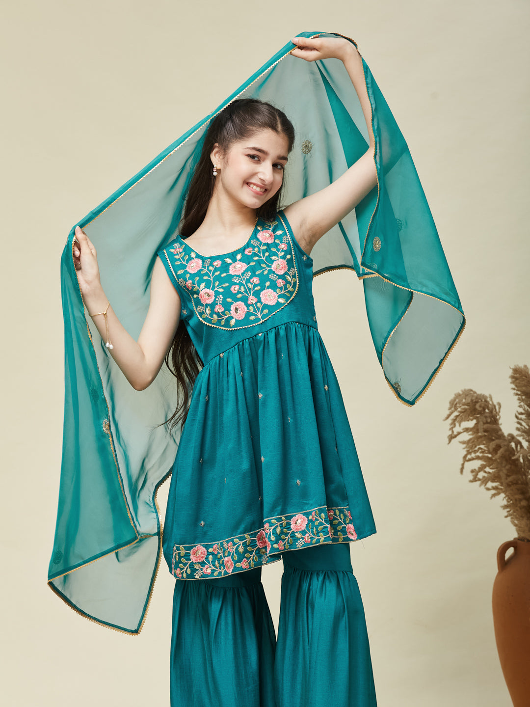 Girl's Rama Silk Embroidered Sharara Set With Dupatta