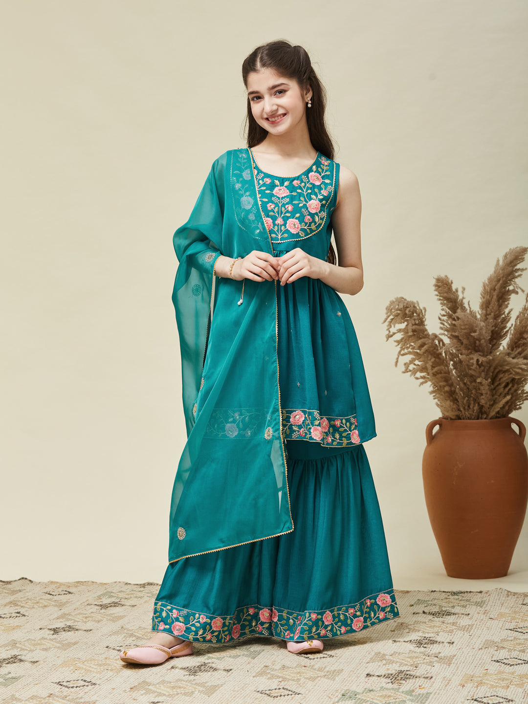 Girl's Rama Silk Embroidered Sharara Set With Dupatta