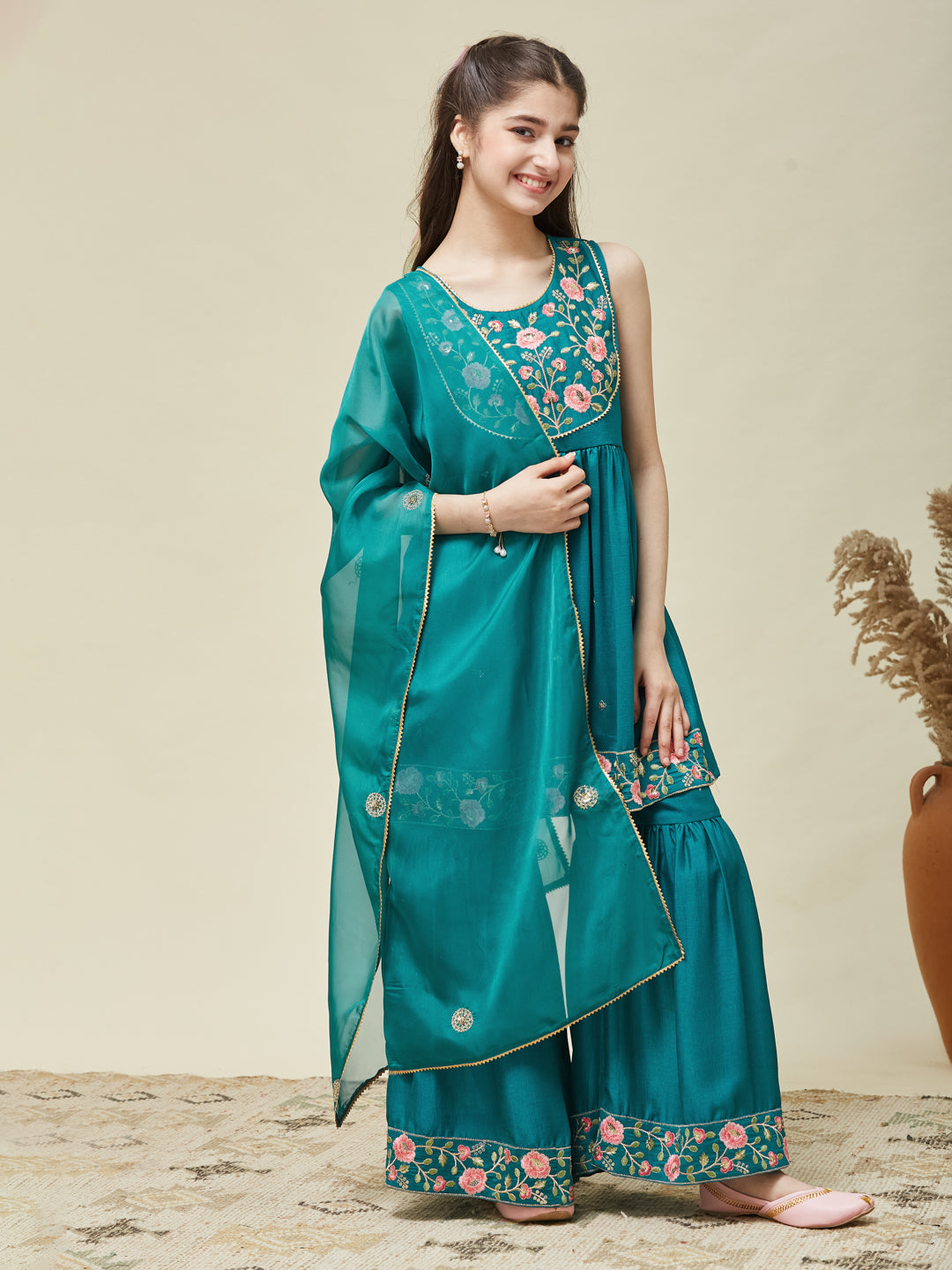 Girl's Rama Silk Embroidered Sharara Set With Dupatta