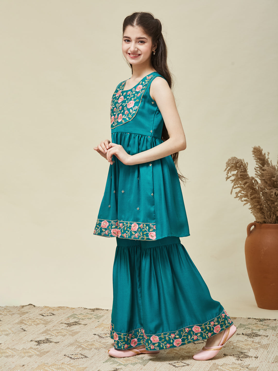 Girl's Rama Silk Embroidered Sharara Set With Dupatta