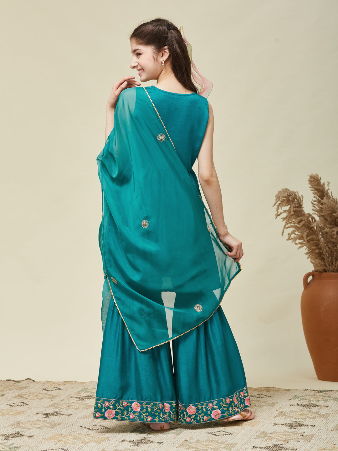 Girl's Rama Silk Embroidered Sharara Set With Dupatta