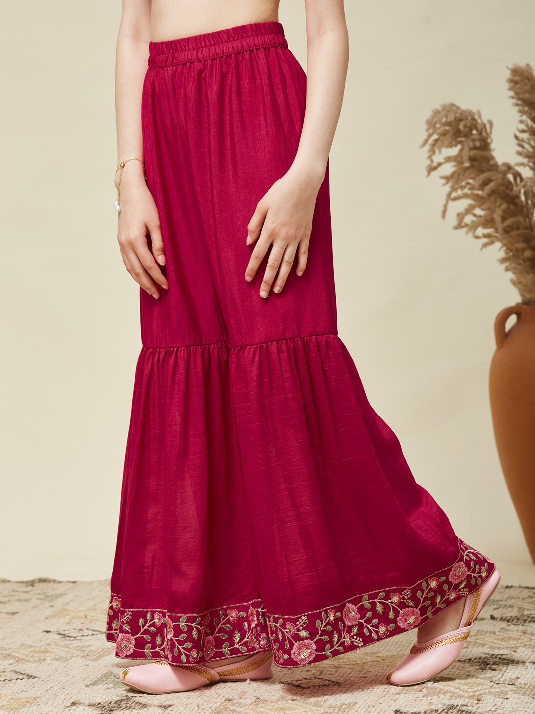 Girl's Rani Silk Embroidered Sharara Set With Dupatta