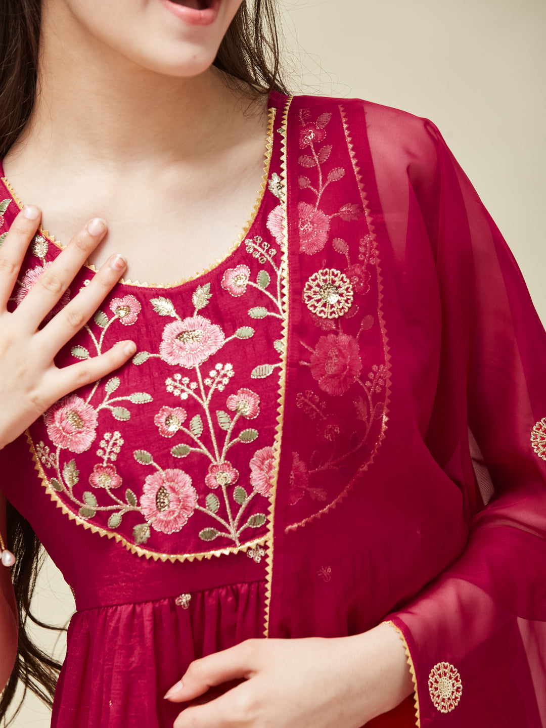 Girl's Rani Silk Embroidered Sharara Set With Dupatta