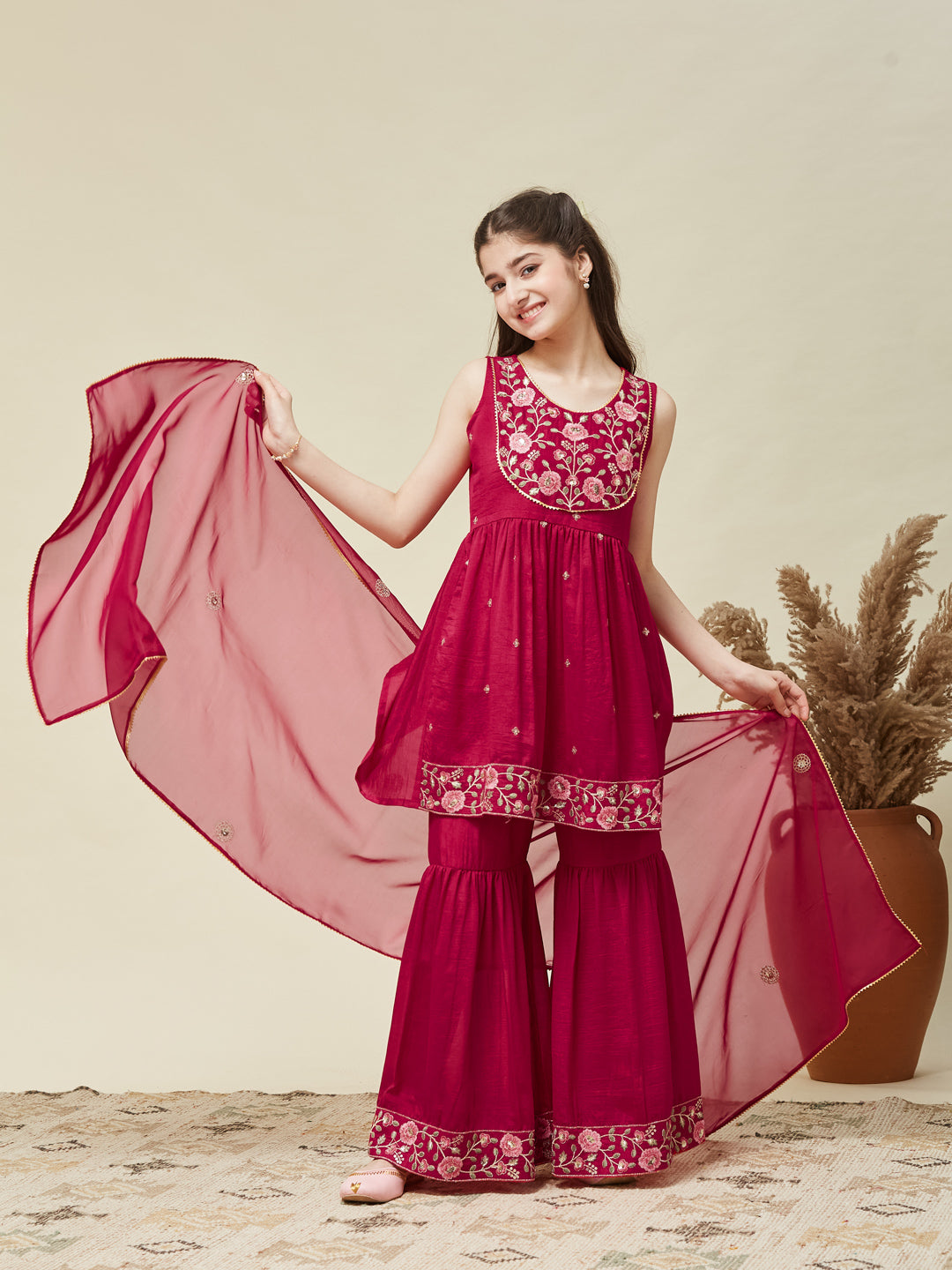 Girl's Rani Silk Embroidered Sharara Set With Dupatta