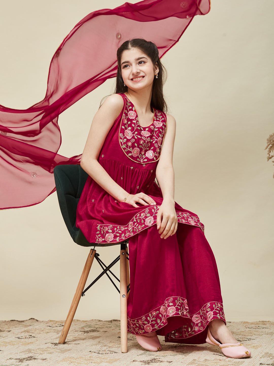 Girl's Rani Silk Embroidered Sharara Set With Dupatta