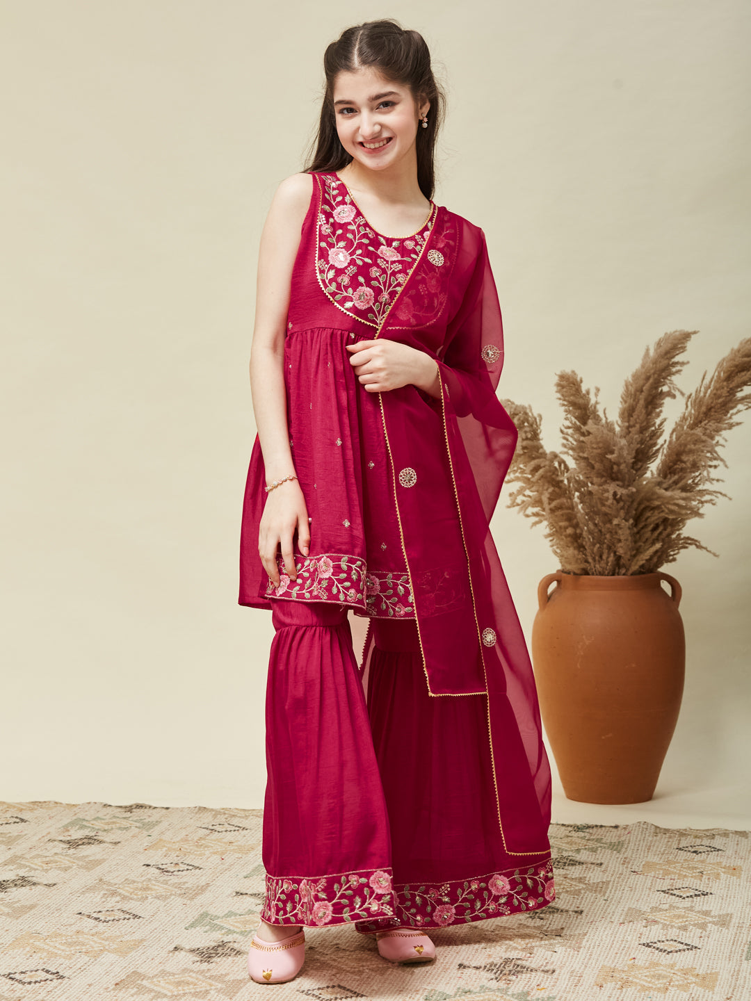 Girl's Rani Silk Embroidered Sharara Set With Dupatta