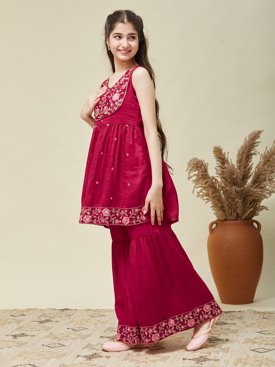 Girl's Rani Silk Embroidered Sharara Set With Dupatta