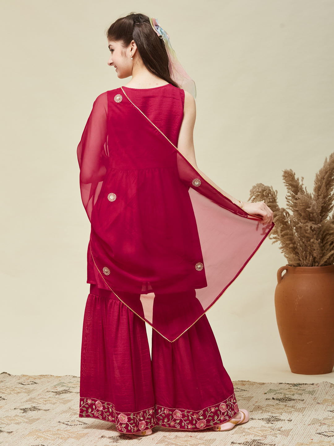 Girl's Rani Silk Embroidered Sharara Set With Dupatta