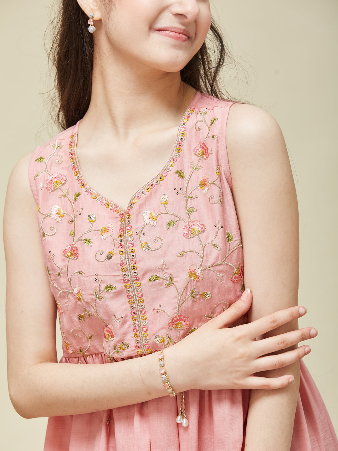 Girl's Pink Chinon Embroidered Kurta Dhoti set