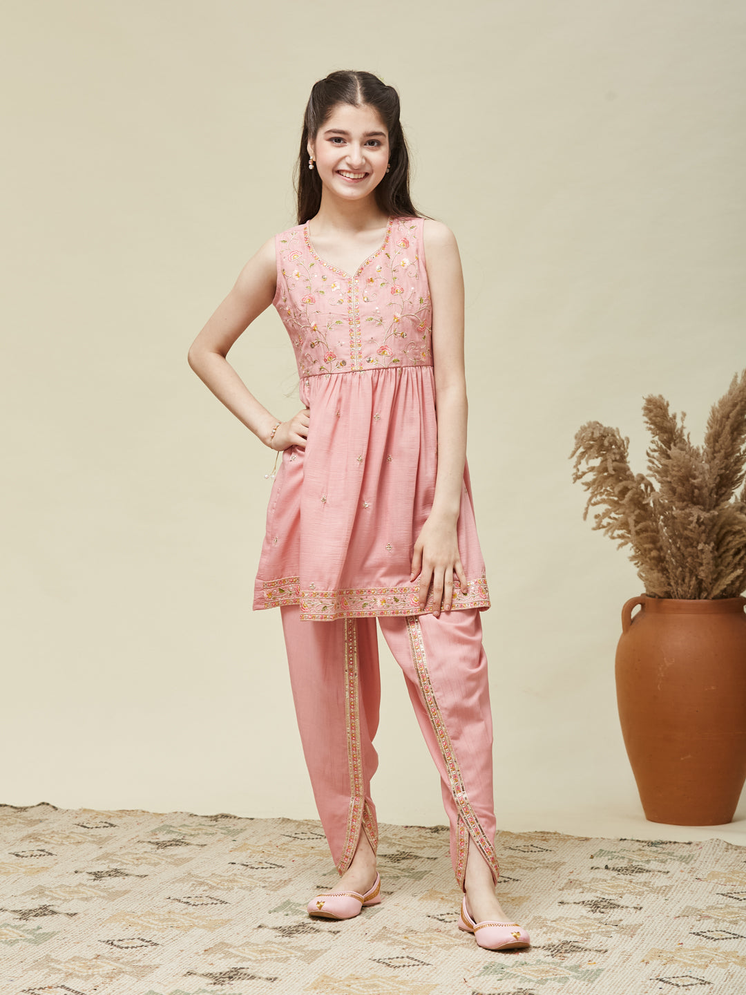 Girl's Pink Chinon Embroidered Kurta Dhoti set