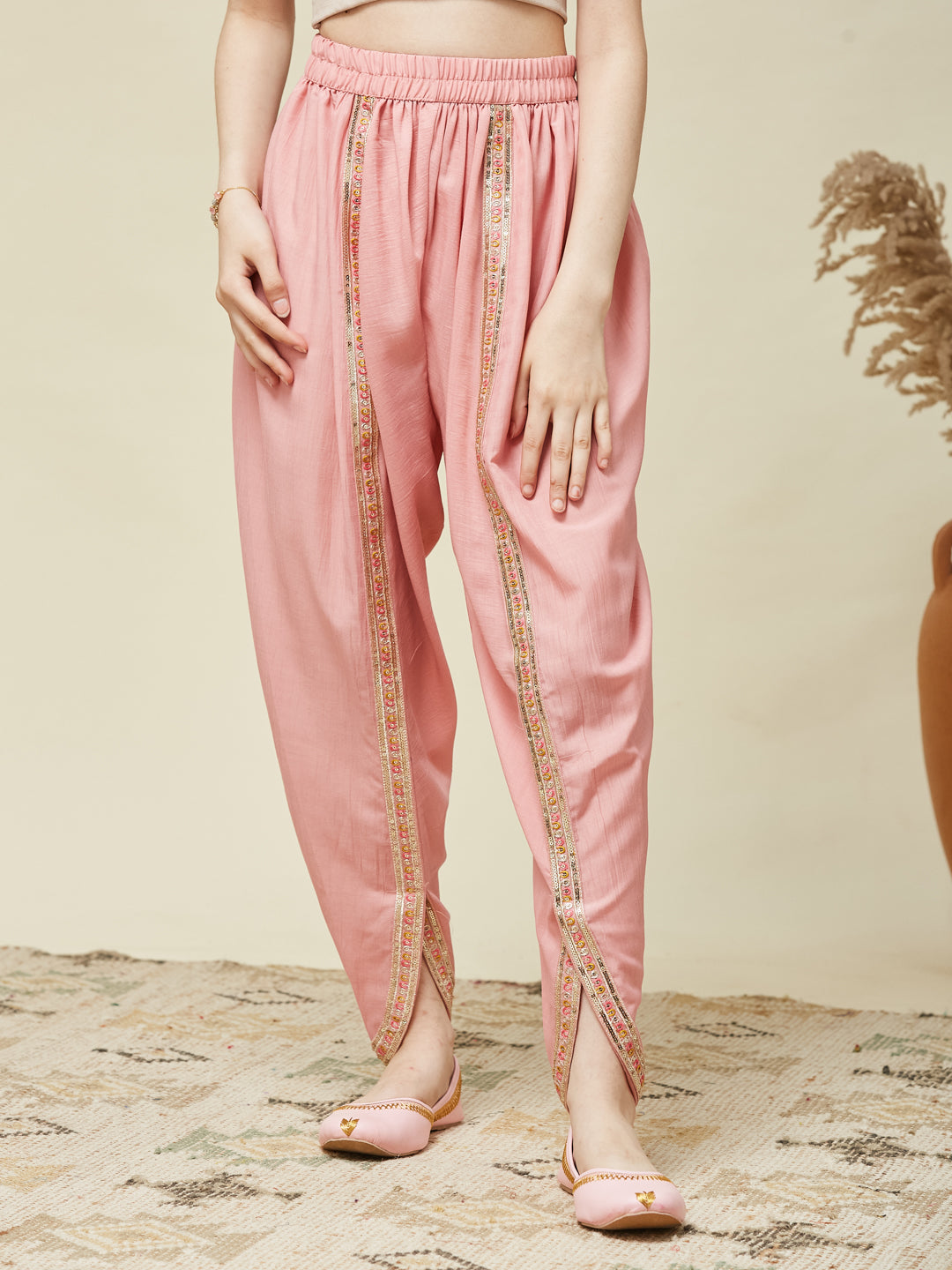 Girl's Pink Chinon Embroidered Kurta Dhoti set