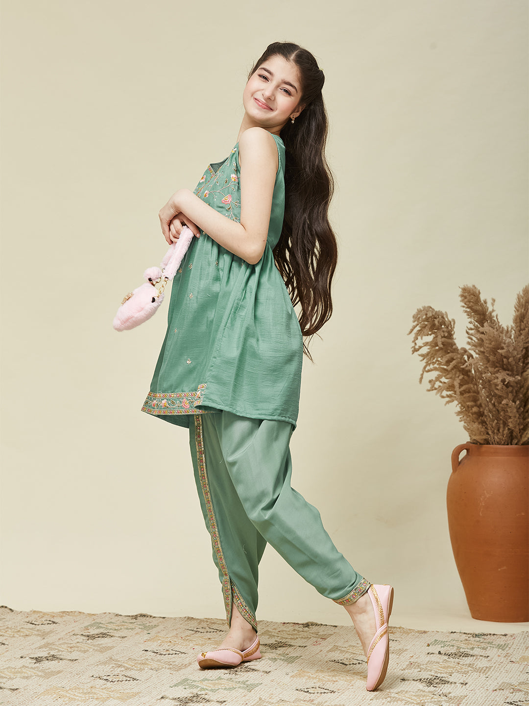 Girl's Mint Chinon Embroidered Kurta Dhoti set