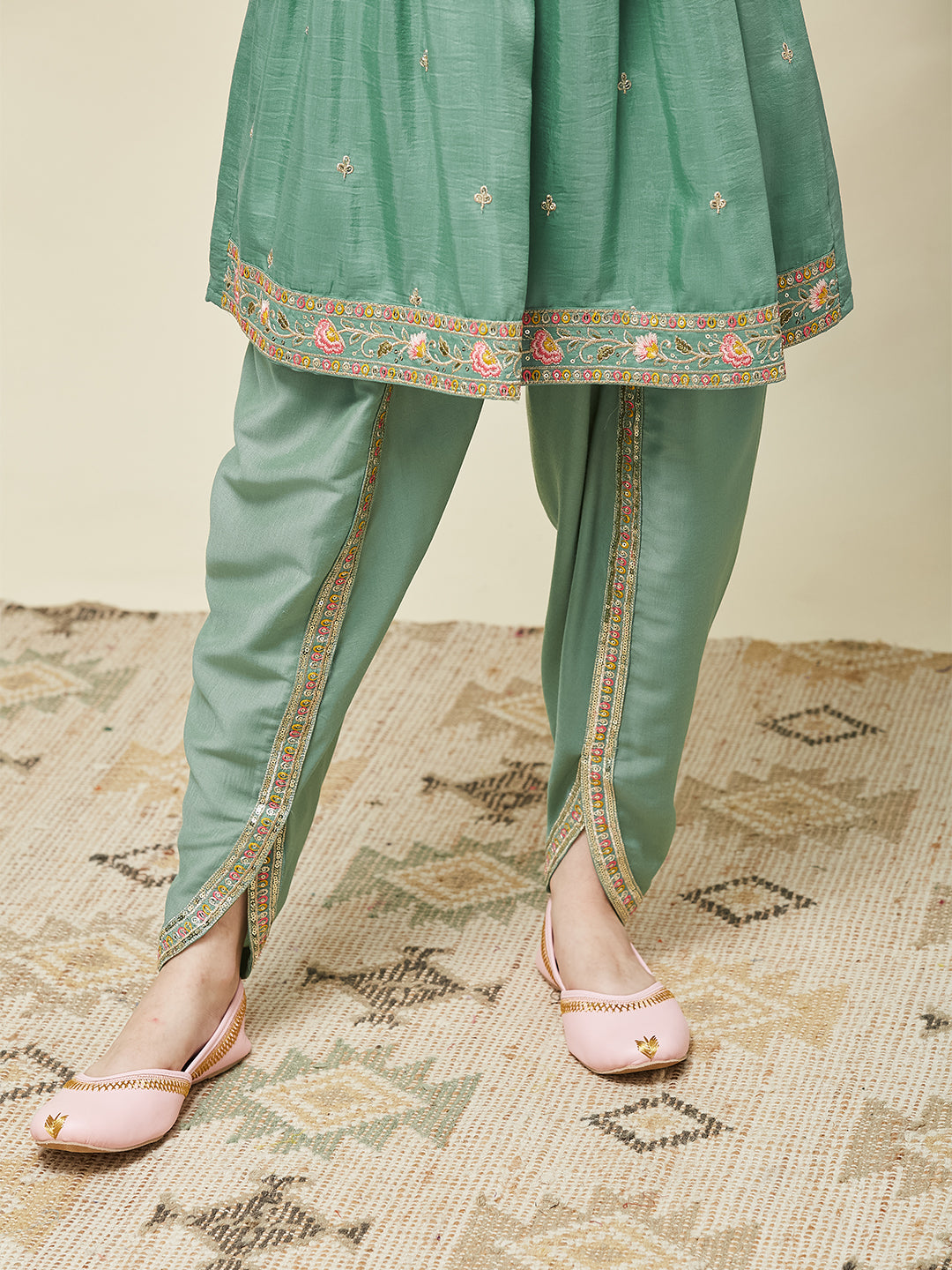 Girl's Mint Chinon Embroidered Kurta Dhoti set