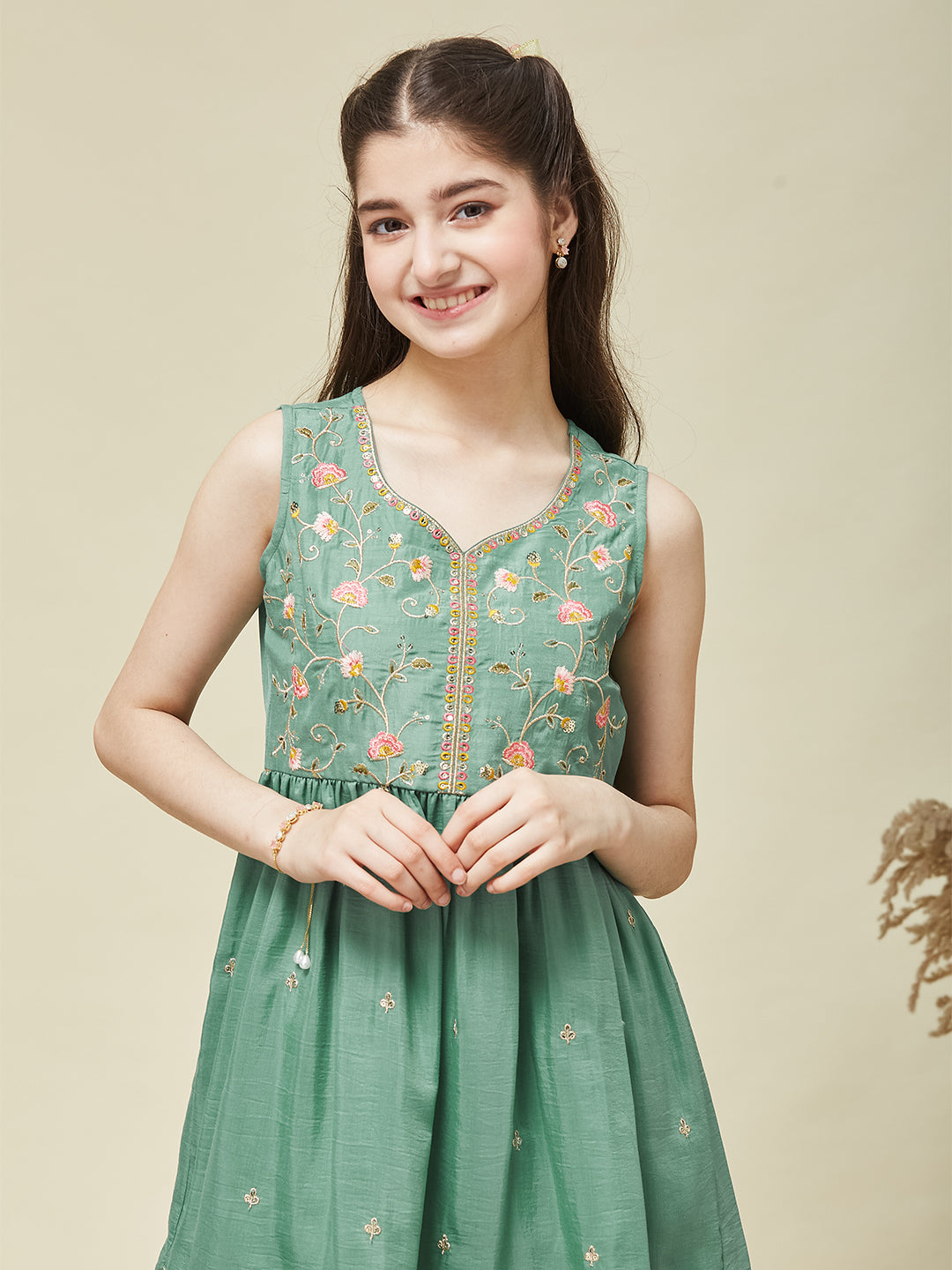 Girl's Mint Chinon Embroidered Kurta Dhoti set