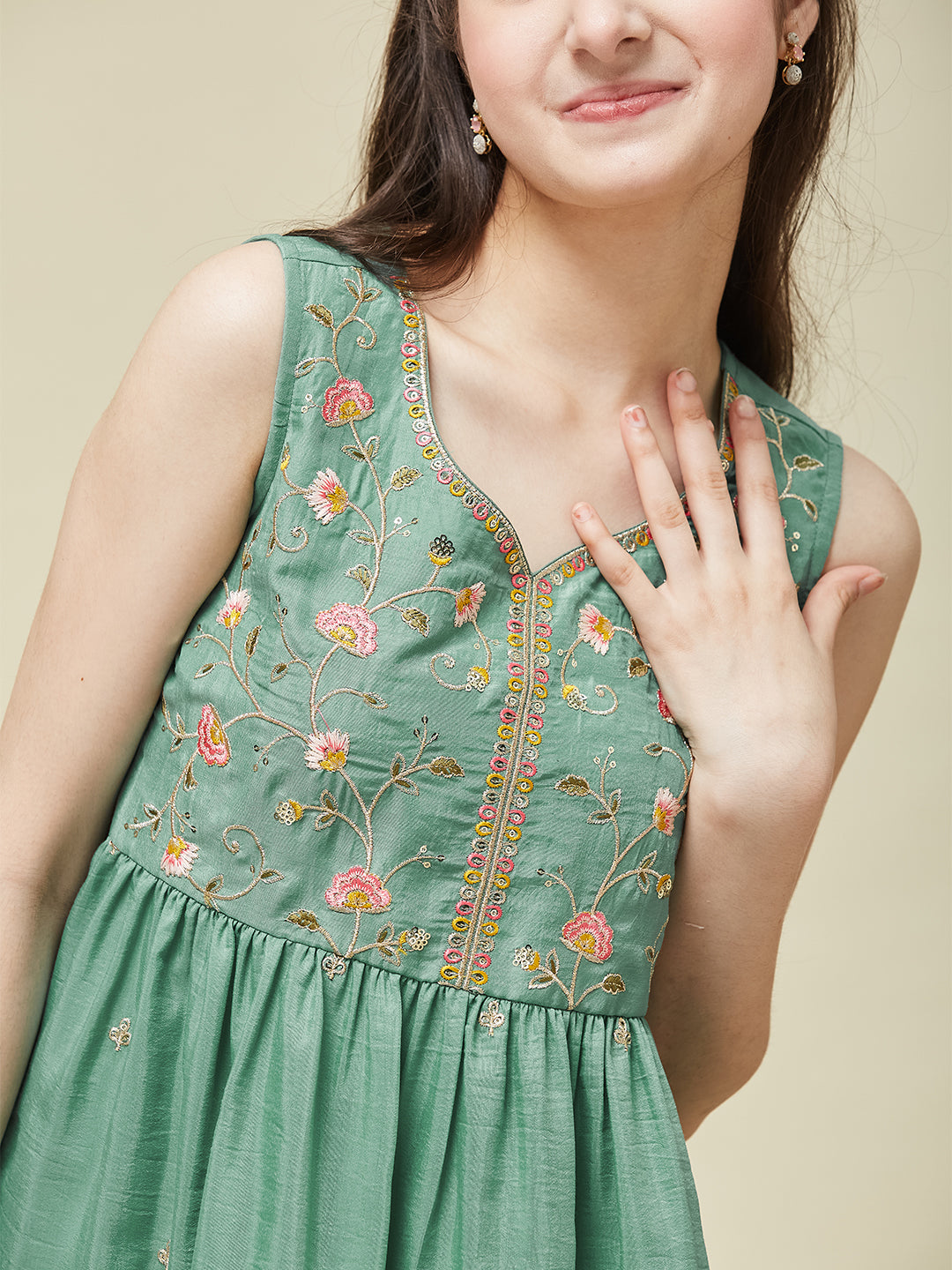 Girl's Mint Chinon Embroidered Kurta Dhoti set