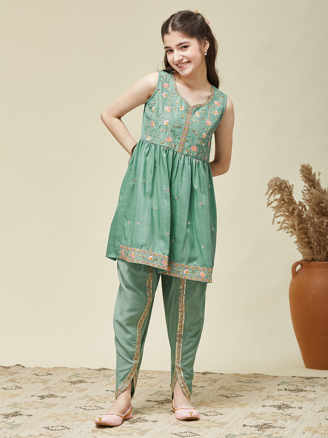 Girl's Mint Chinon Embroidered Kurta Dhoti set