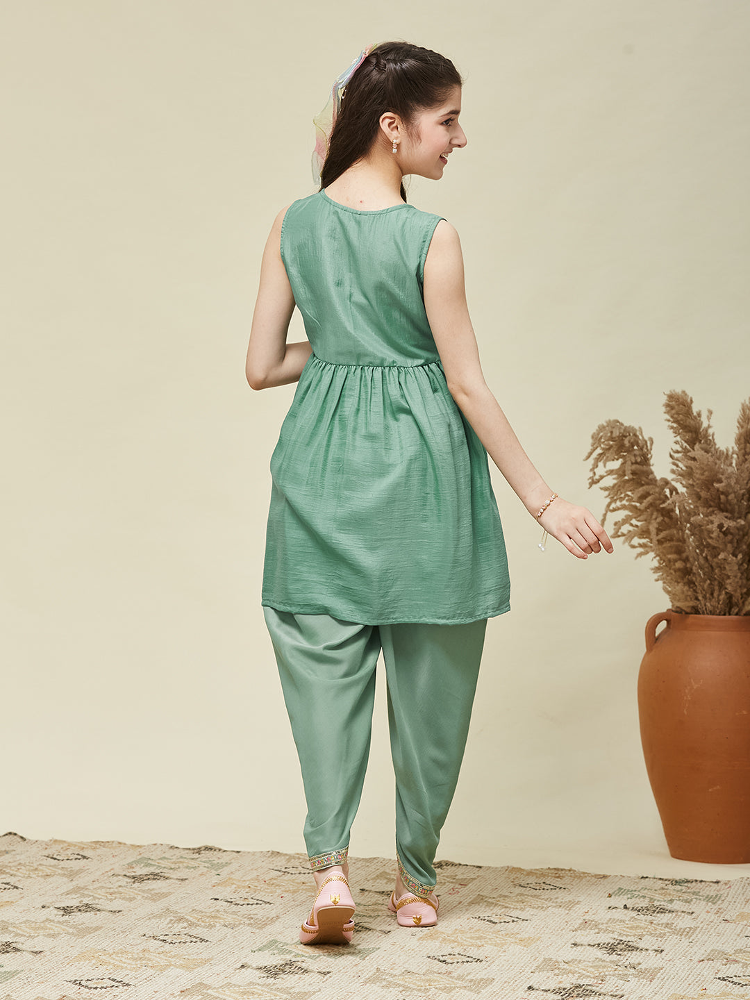 Girl's Mint Chinon Embroidered Kurta Dhoti set