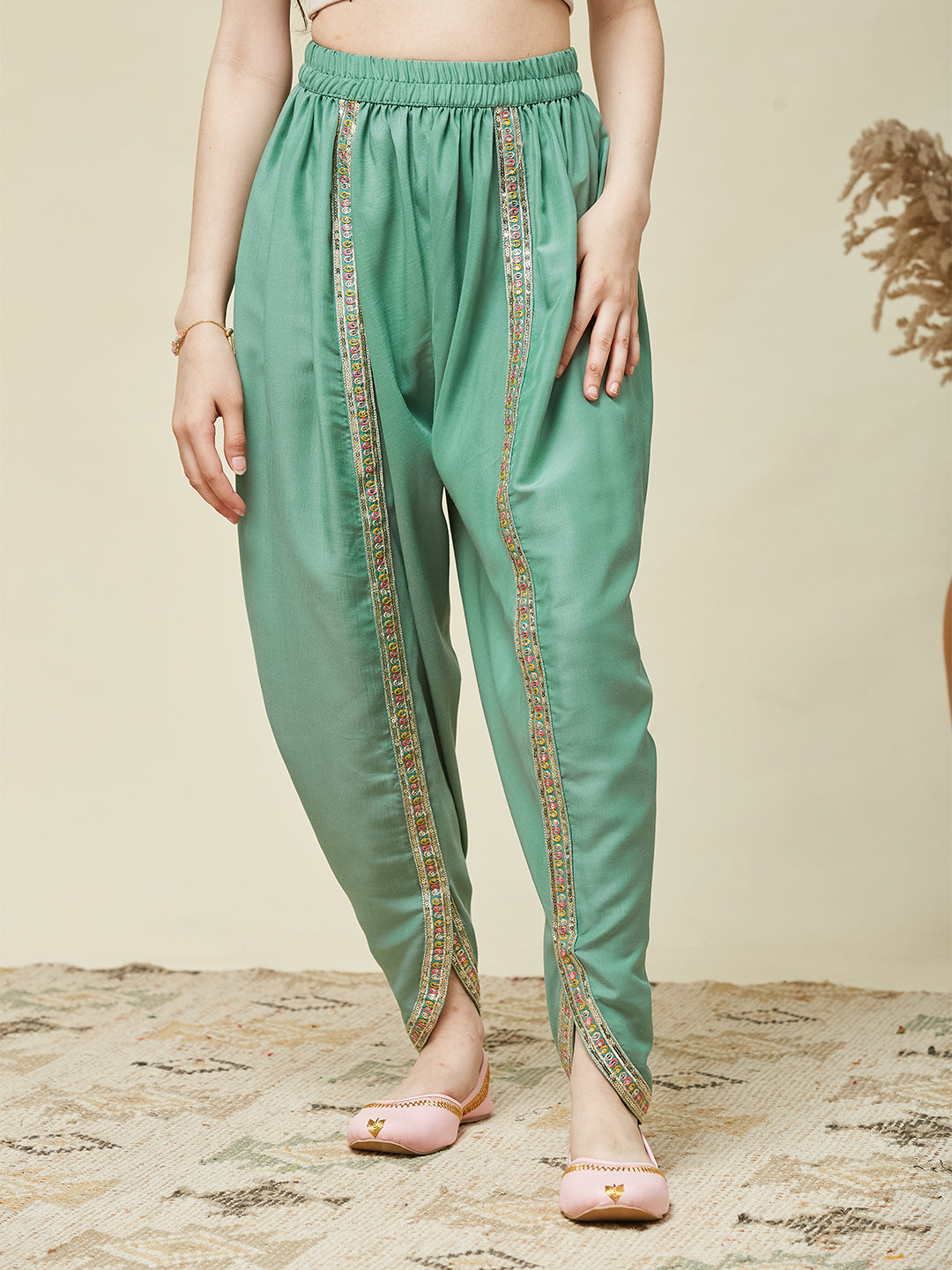 Girl's Mint Chinon Embroidered Kurta Dhoti set