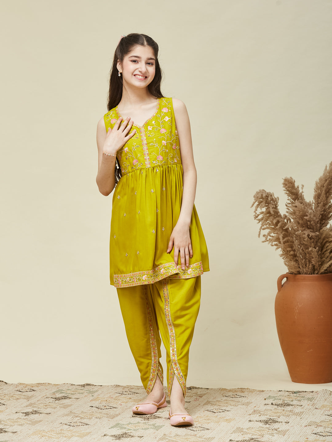 Girl's Neon Chinon Embroidered Kurta Dhoti set