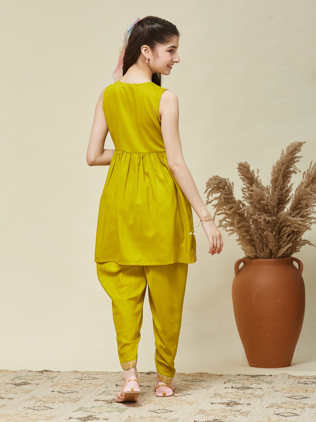 Girl's Neon Chinon Embroidered Kurta Dhoti set