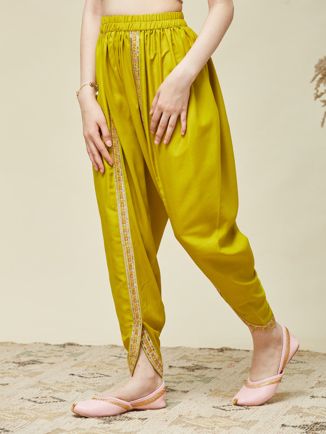 Girl's Neon Chinon Embroidered Kurta Dhoti set