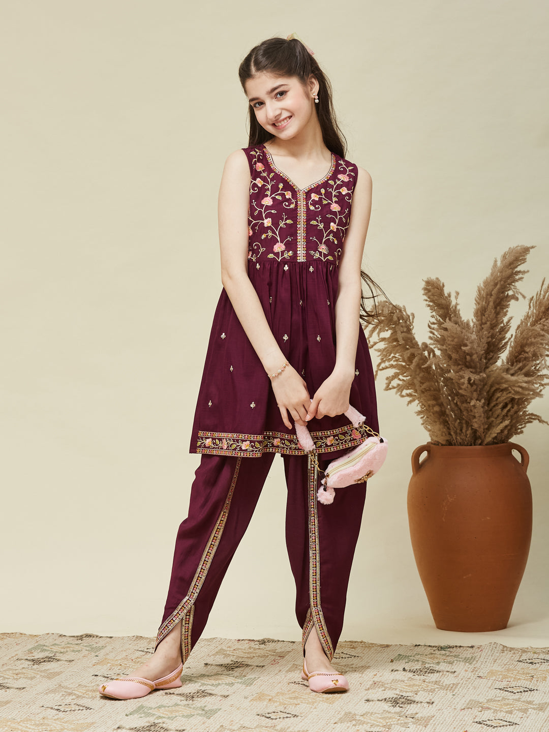 Girl's Wine Chinon Embroidered Kurta Dhoti set