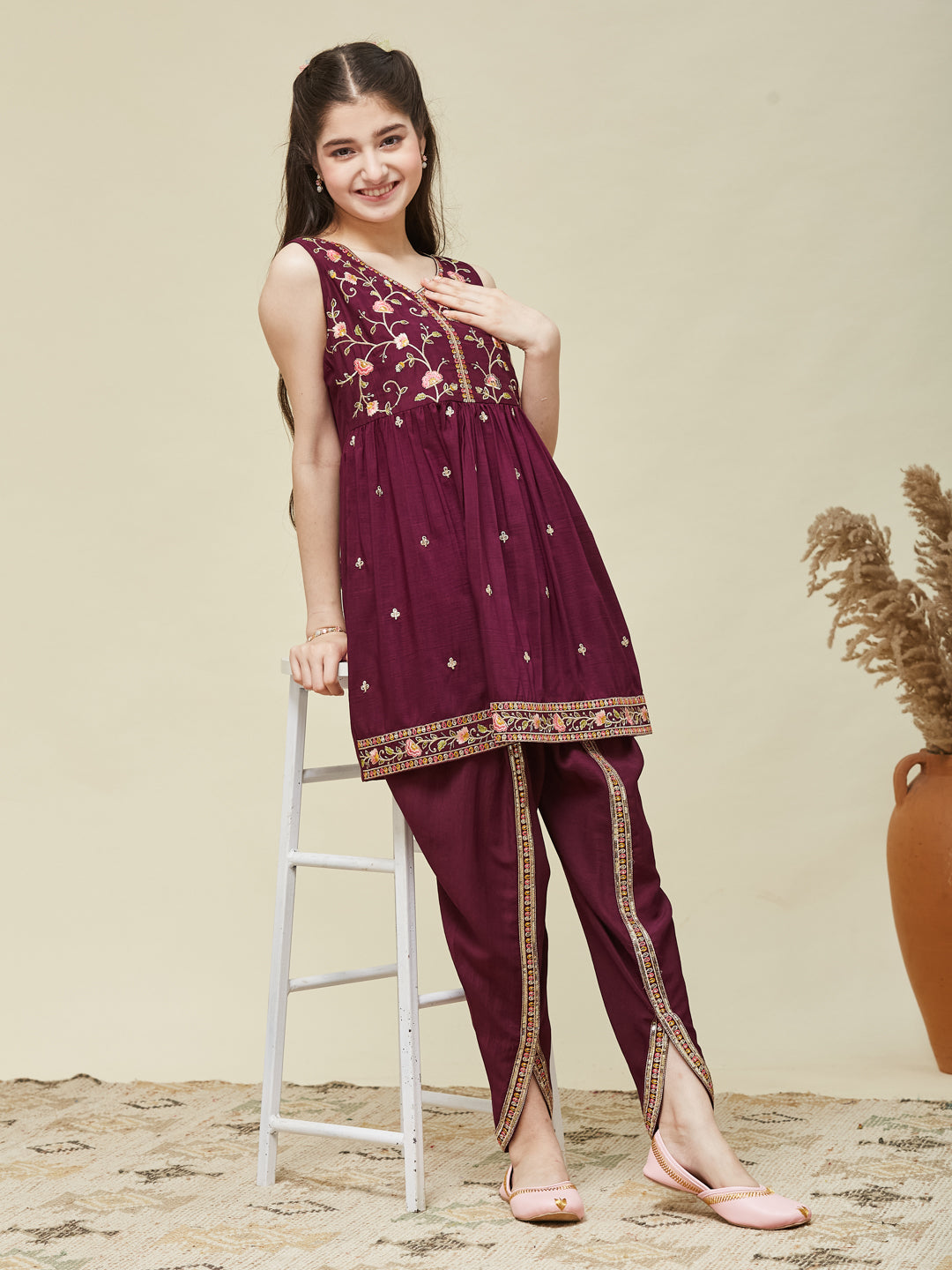 Girl's Wine Chinon Embroidered Kurta Dhoti set