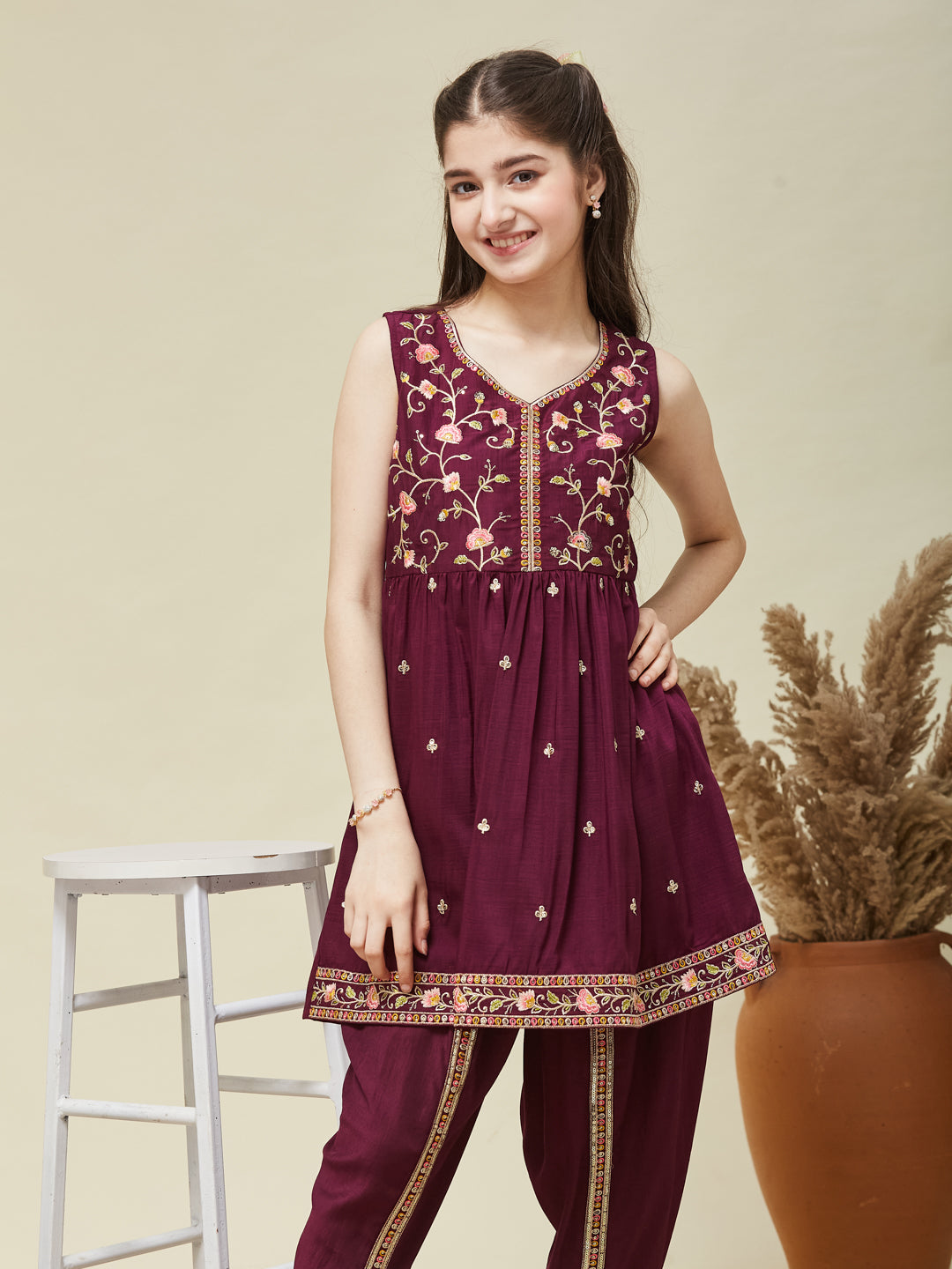 Girl's Wine Chinon Embroidered Kurta Dhoti set