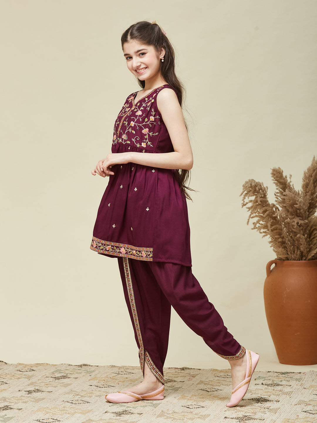 Girl's Wine Chinon Embroidered Kurta Dhoti set