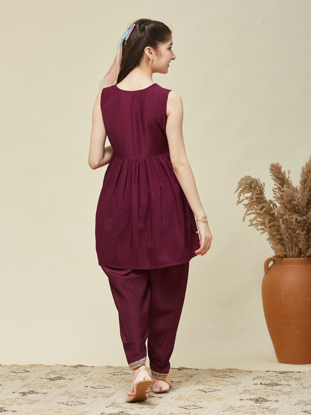 Girl's Wine Chinon Embroidered Kurta Dhoti set