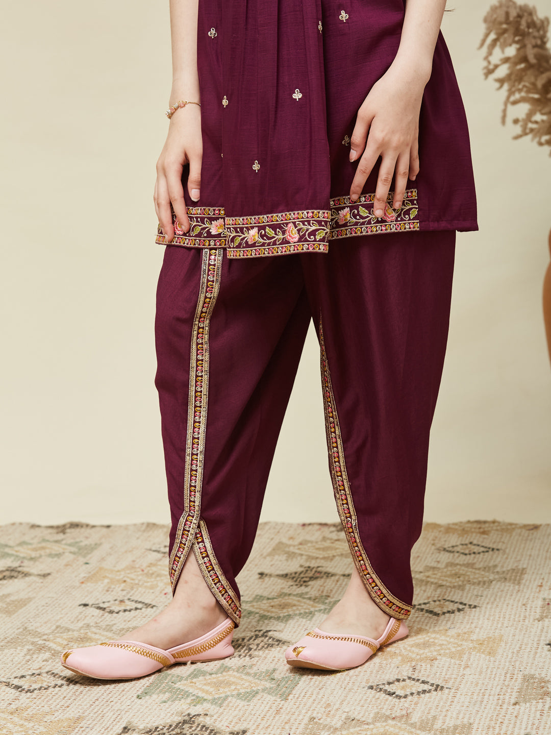 Girl's Wine Chinon Embroidered Kurta Dhoti set